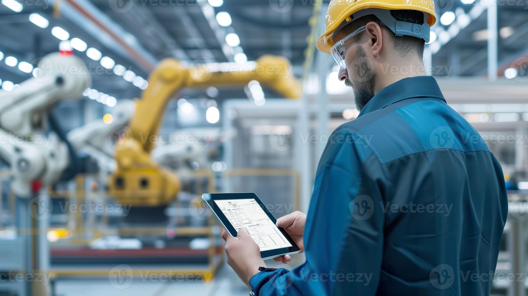 AI generated Industrial Technology at Work, Man with Tablet in Modern Factory photo