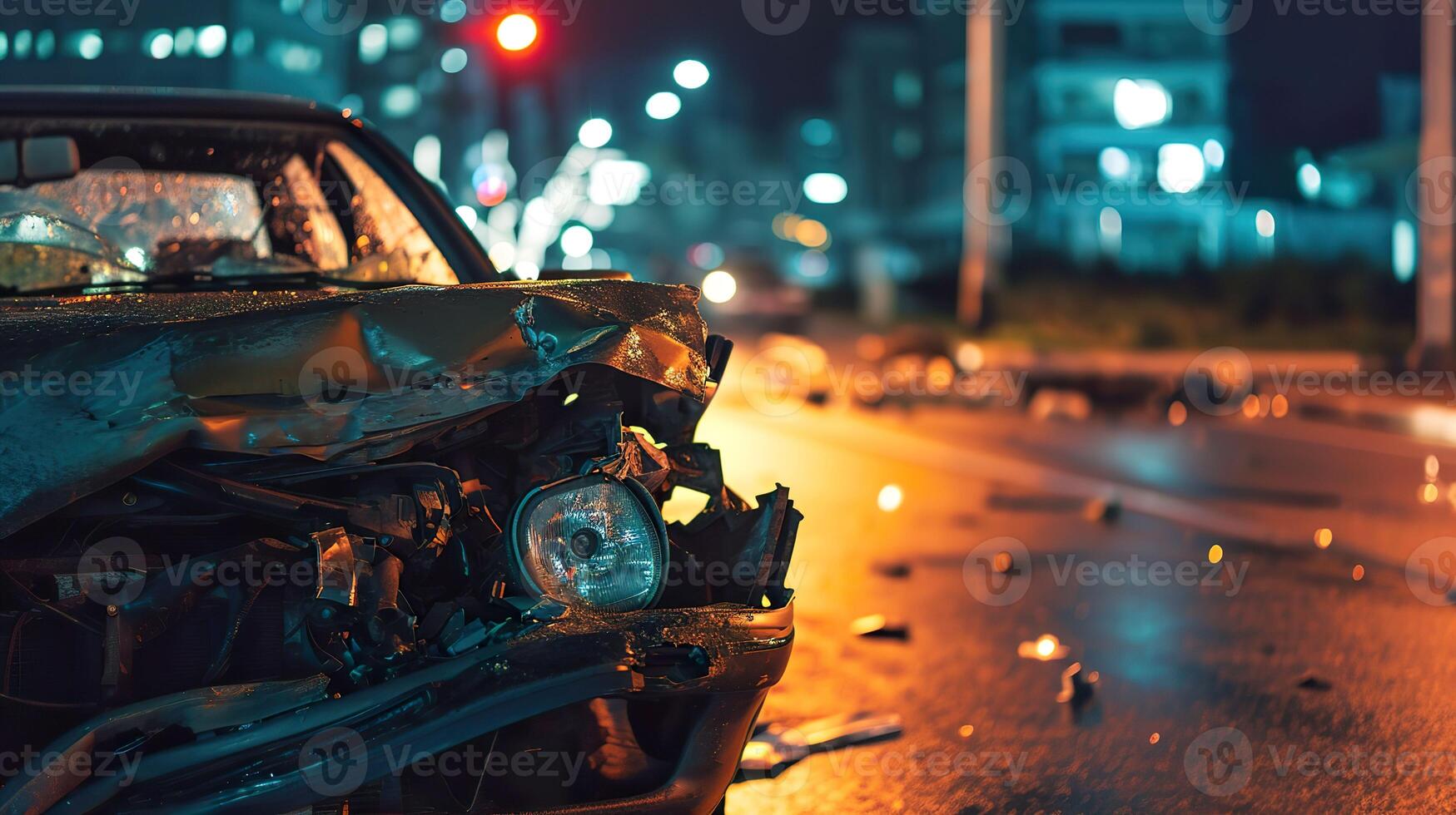 ai generado Noche peligro, coche choque accidente en el la carretera foto