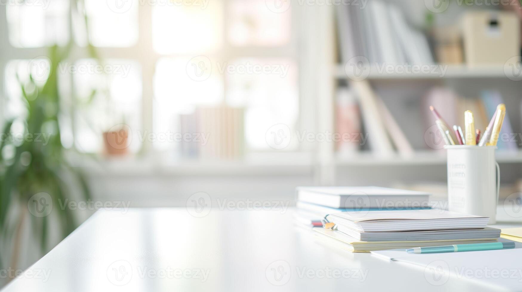 AI generated Cropped Shot of a Cozy Study Room with White Table, Books, and Stationery photo