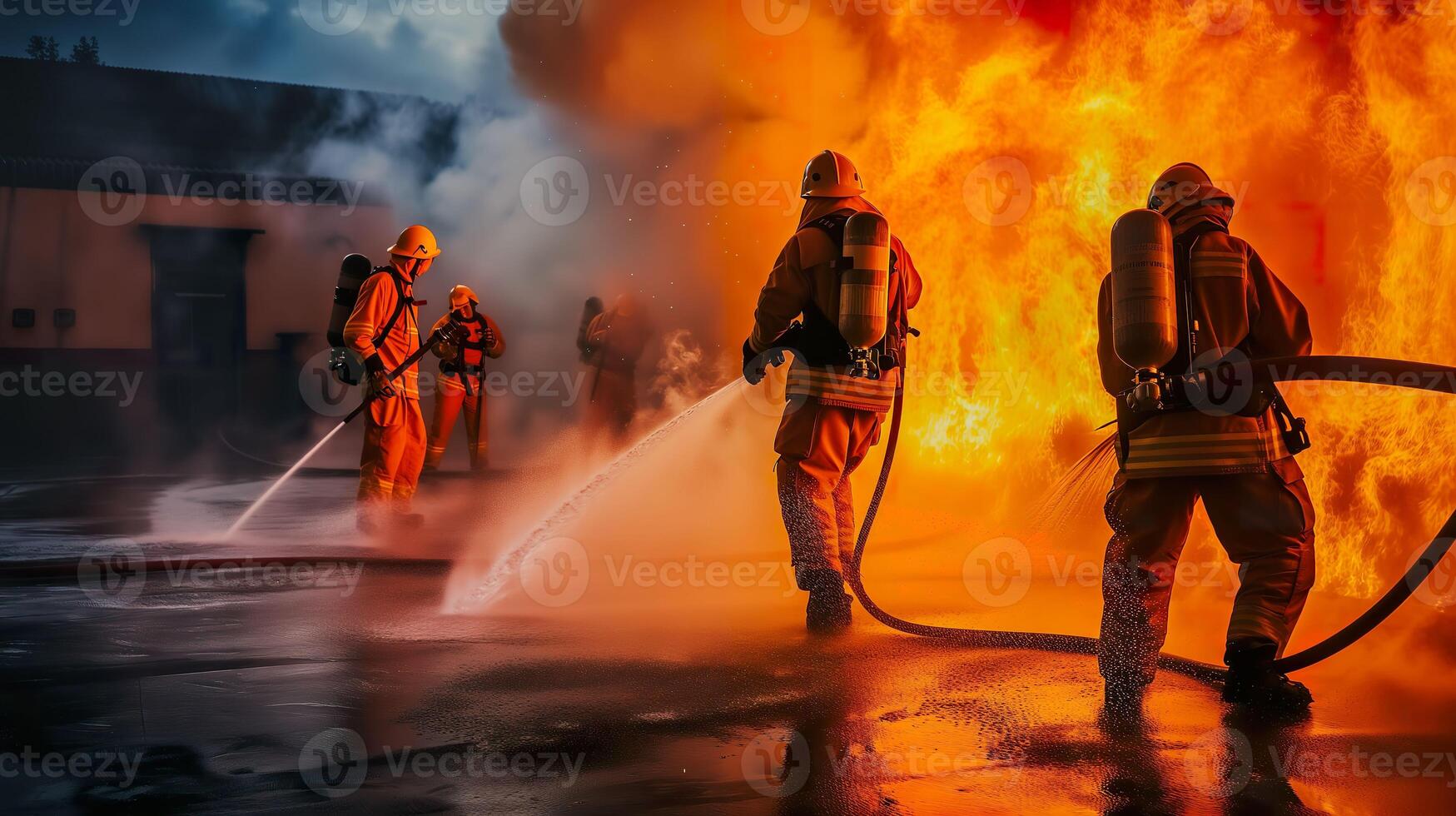 ai generado bombero capacitación, valiente bombero en acción con agua y extintor foto