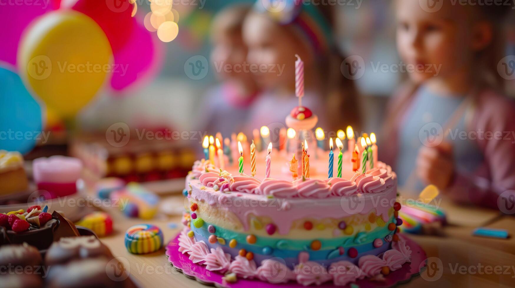 AI generated Sweet Celebration Delight, Vibrant Pink Birthday Cake for Children photo