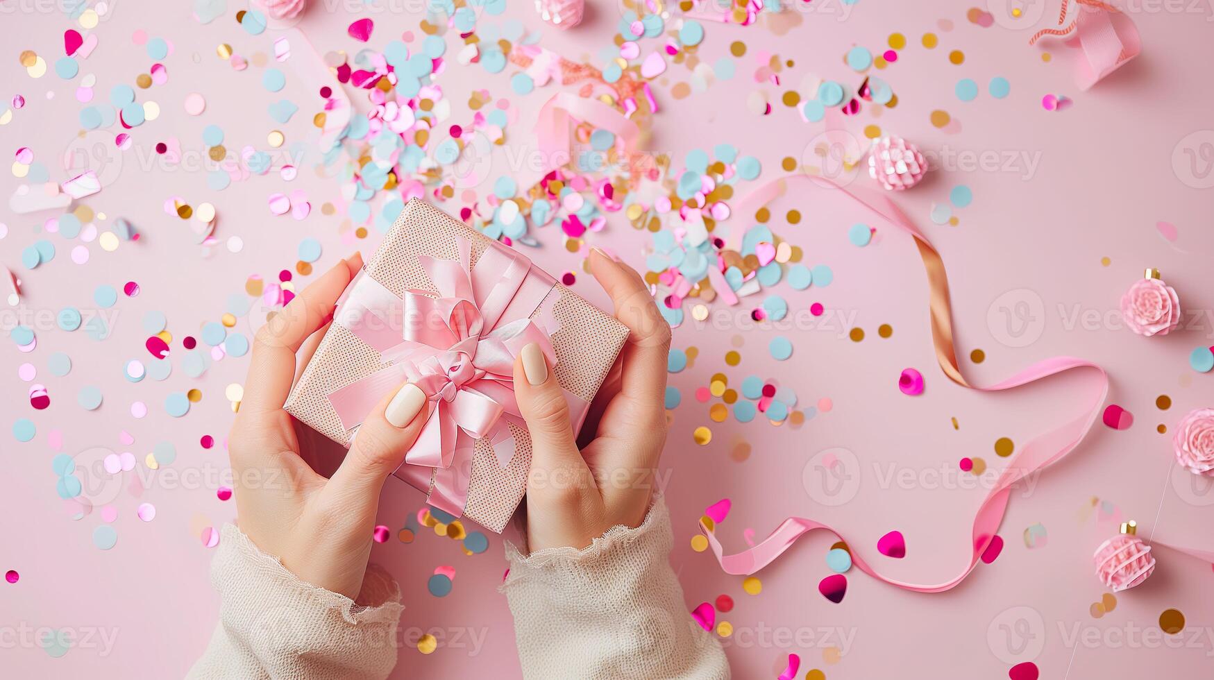 AI generated Joyful Gift Giving, Woman Hands with Festive Present Box photo