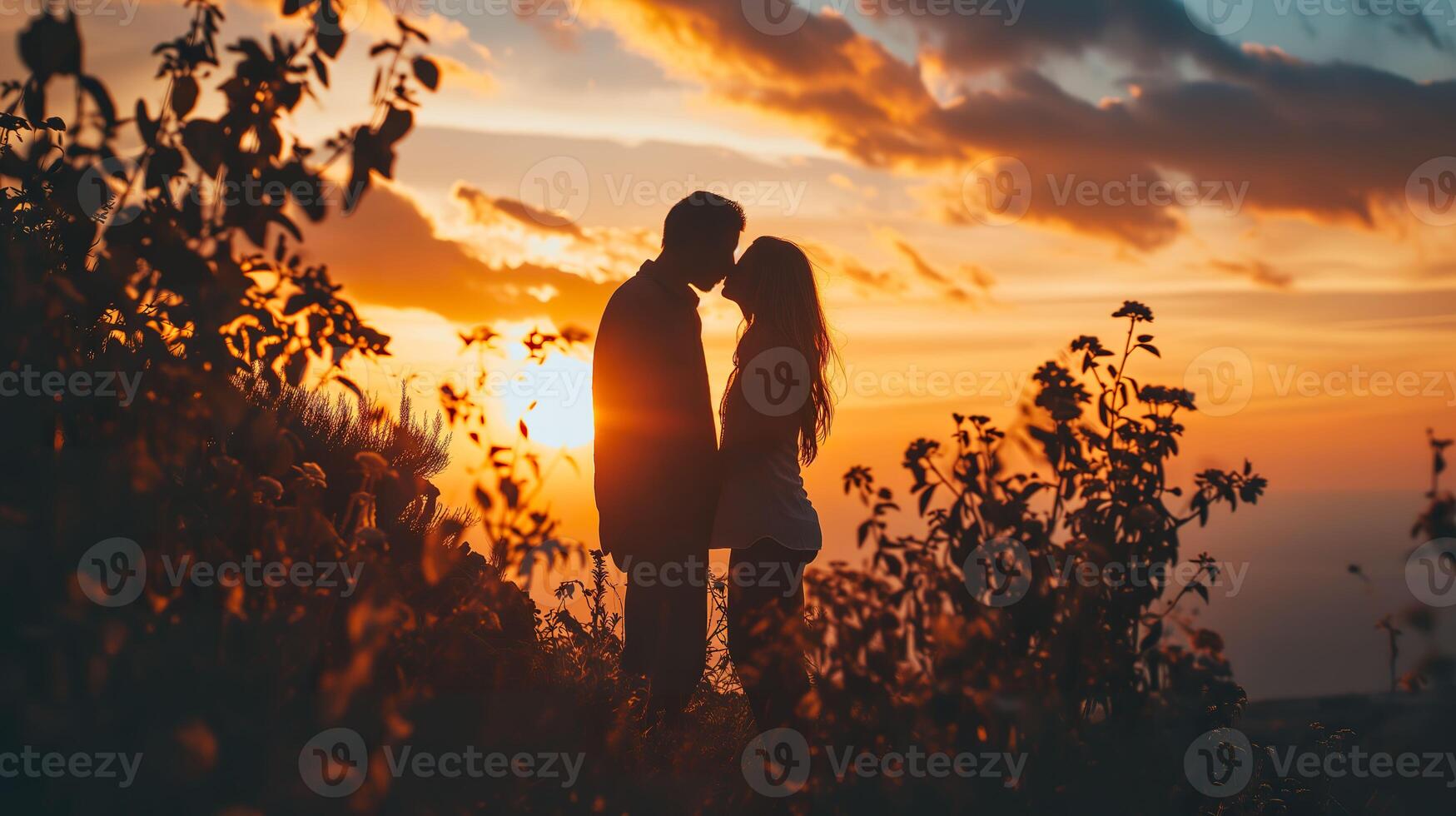 AI generated Sunset Romance, Couple Kissing in the Warm Glow of Dusk photo