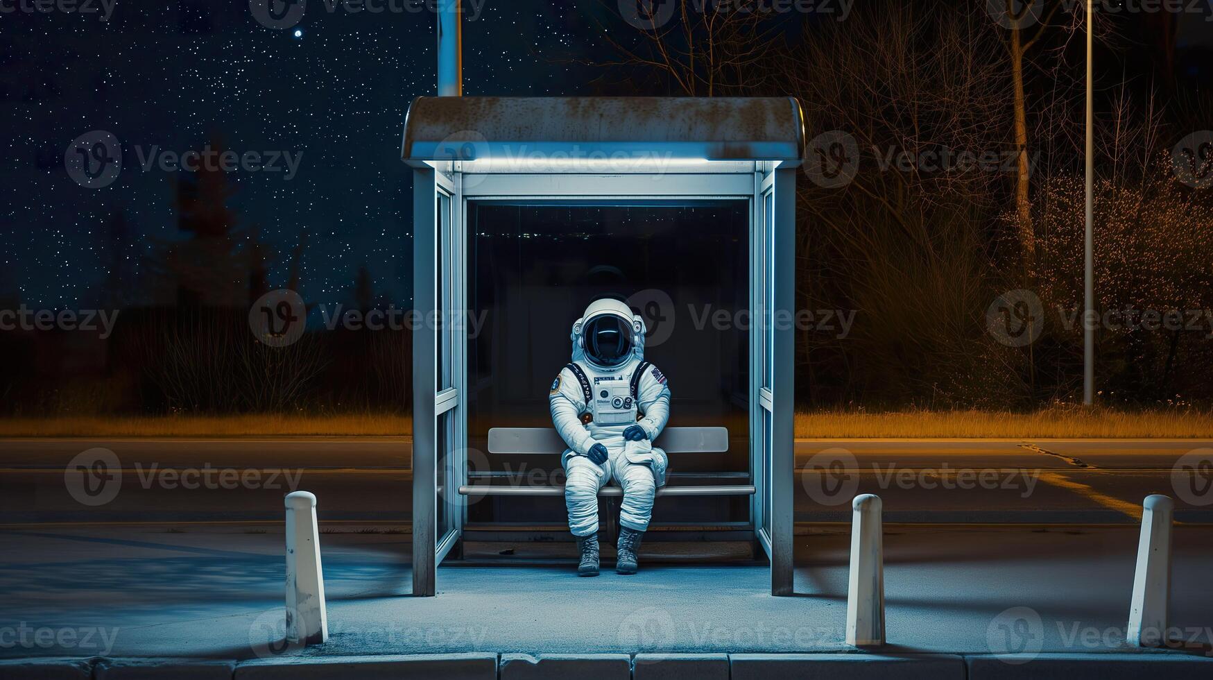 AI generated Cosmic Solitude, Astronaut Contemplating at Night Bus Stop photo