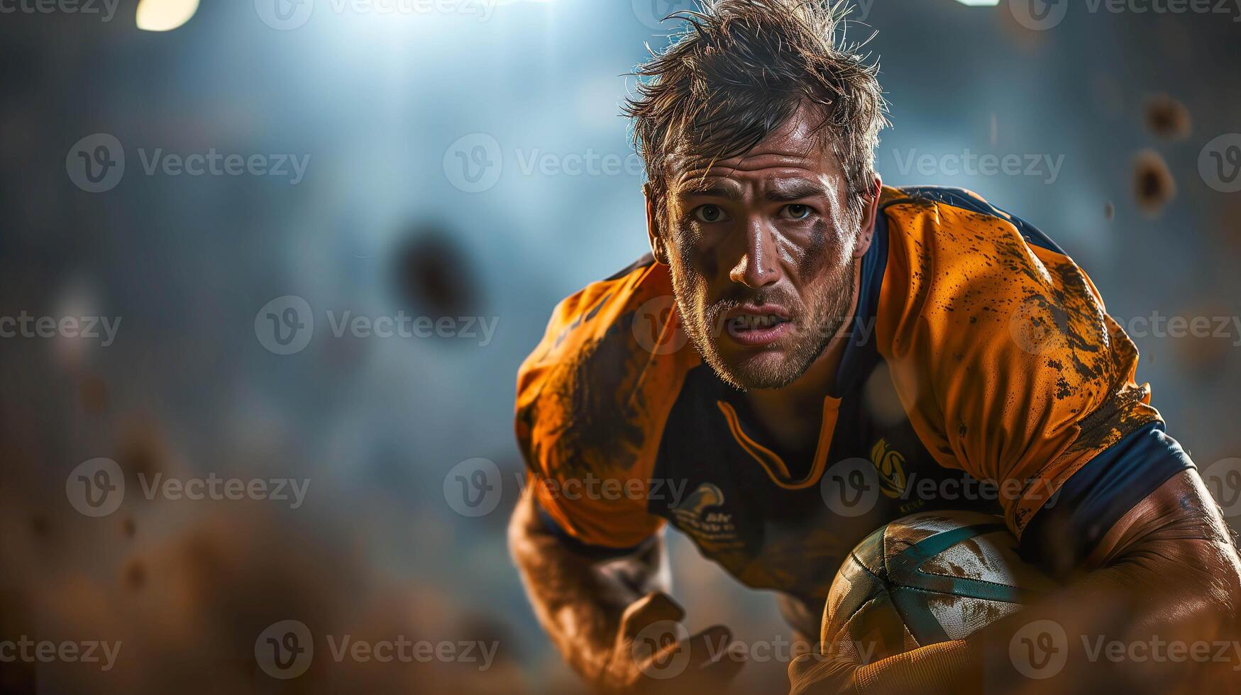 AI generated Rugby Player in Action, Full Body Portrait in Stadium photo