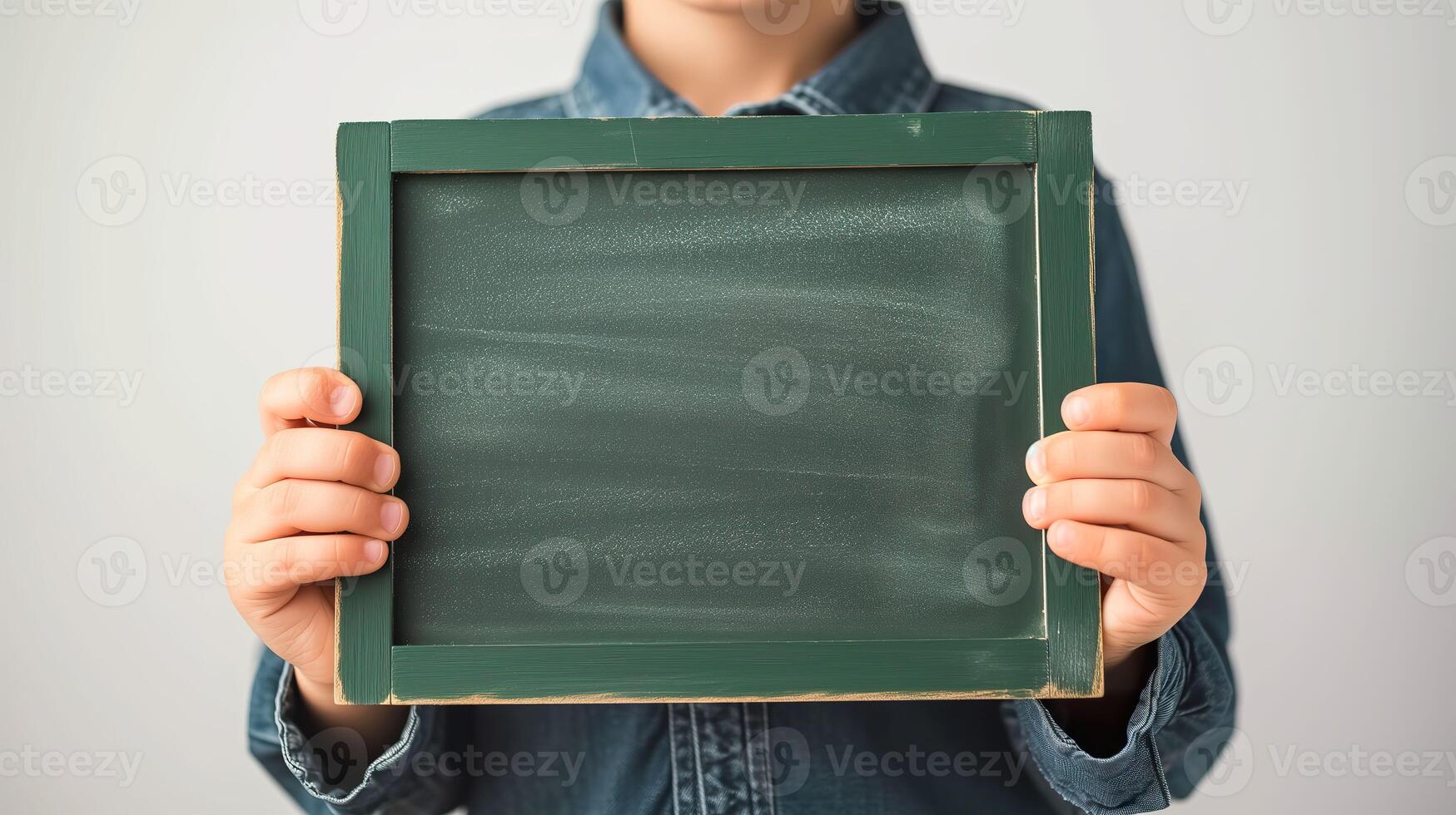 AI generated Young Boy Holding Blank Green Chalkboard photo