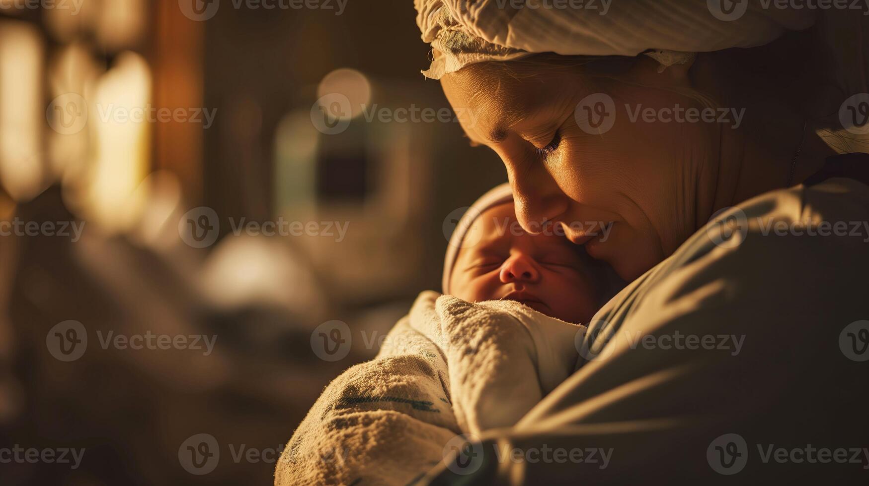 AI generated Tender Nurse, Caring for a Day-Old Newborn in Modern Hospital Setting photo