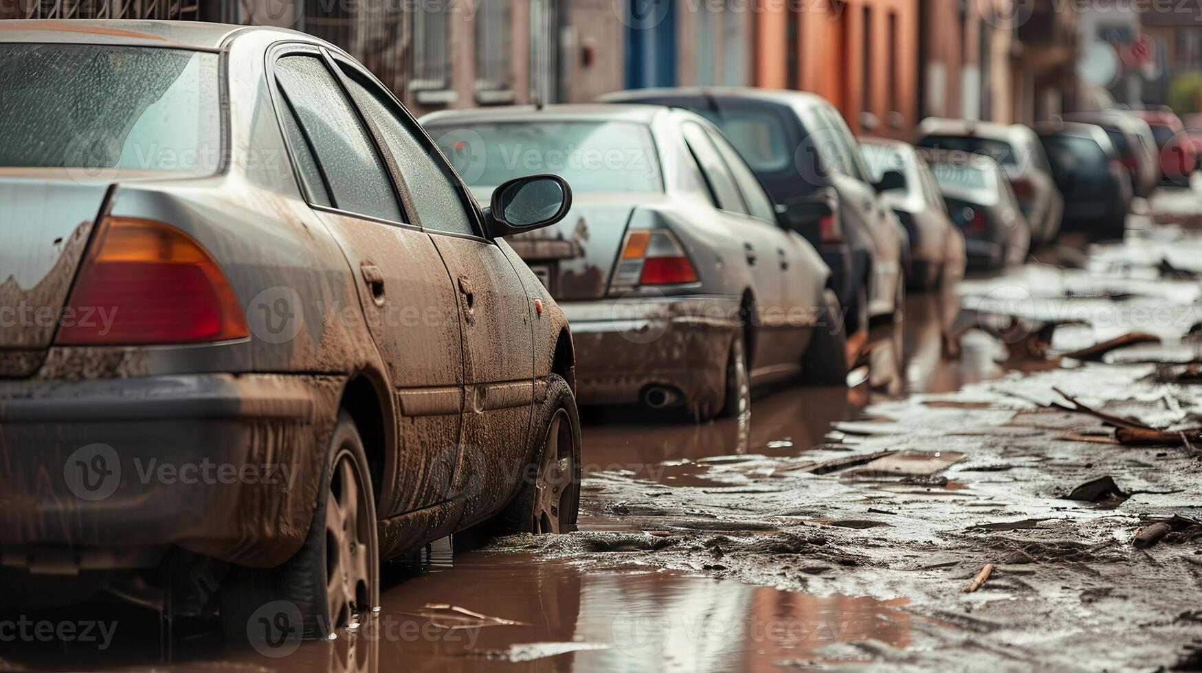 ai generado natural desastre secuelas, inundado carros en urbano calles foto