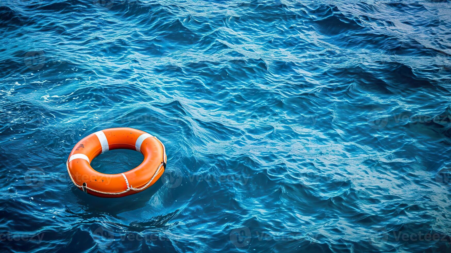 ai generado agua seguridad, naranja boya salvavidas flotante en el azul mar foto