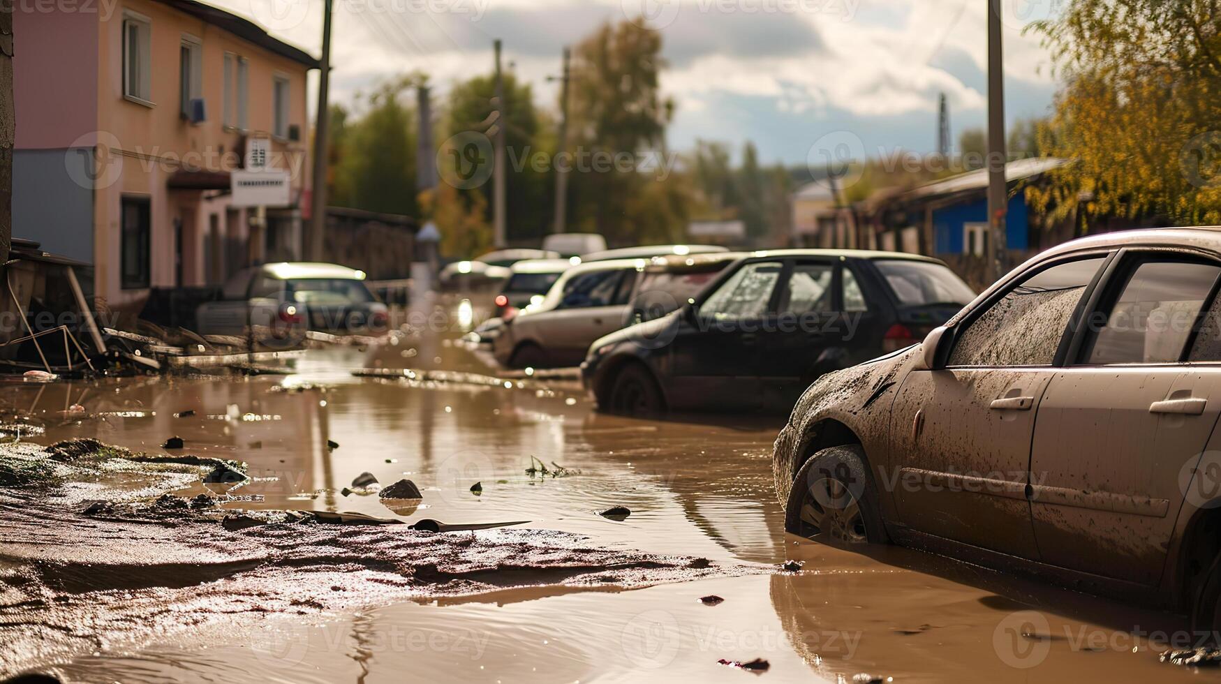 ai generado natural desastre secuelas, inundado carros en urbano calles foto