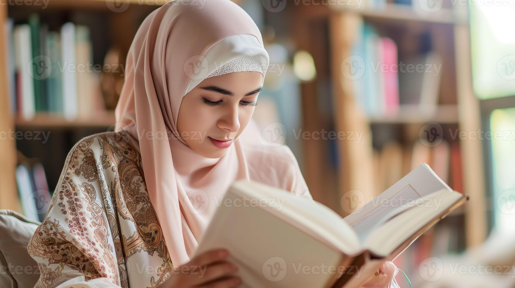 AI generated Islamic Woman Studying, Focused Education and Concentration photo