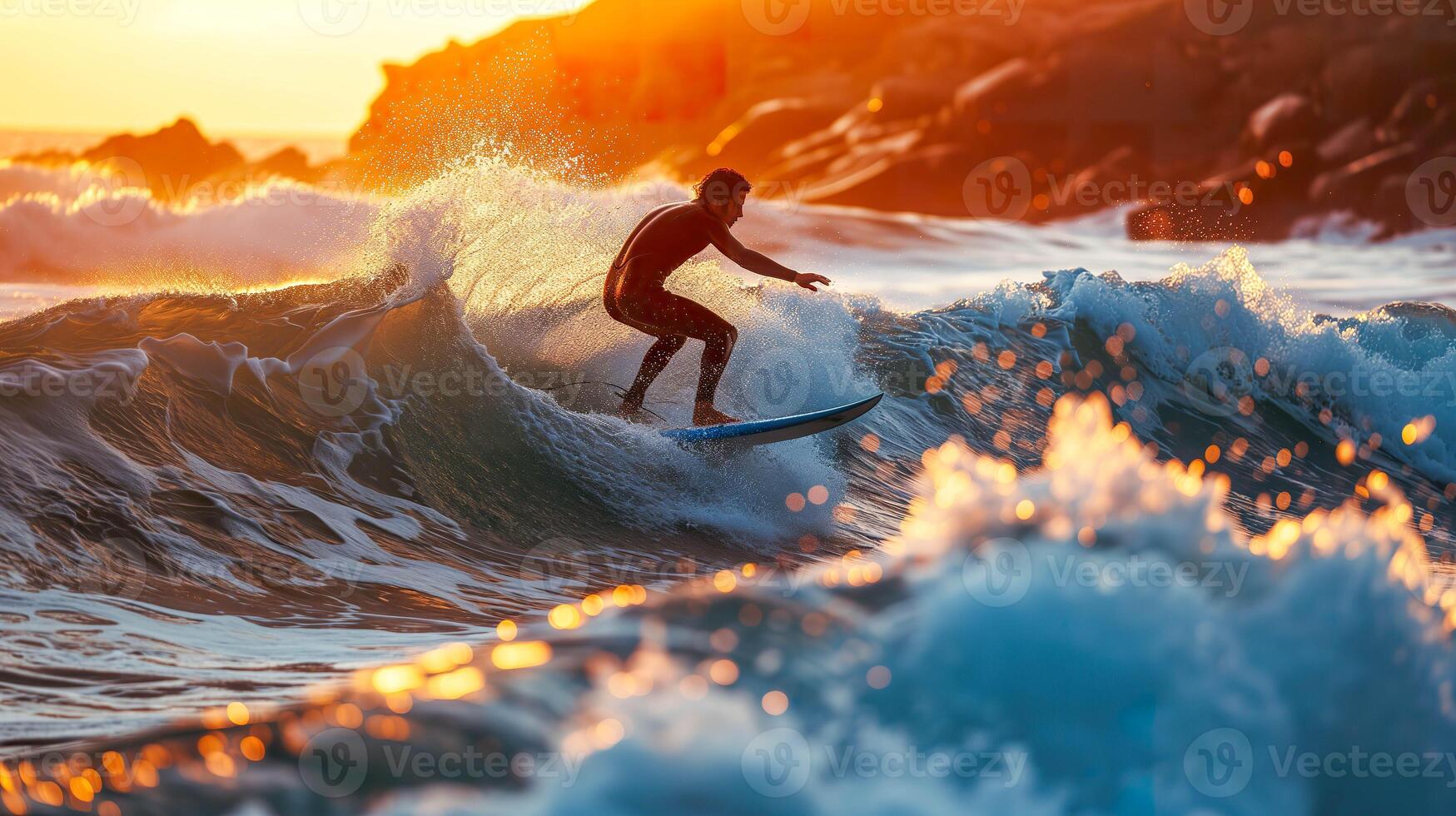 AI generated Coastal Adventure, Dynamic Surfer in Action on Wavy Sea photo