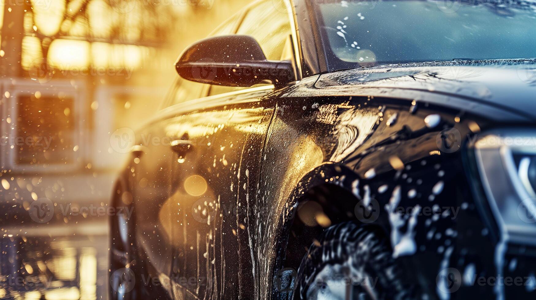 ai generado auto spa experiencia, eficiente coche lavar con espuma y agua foto