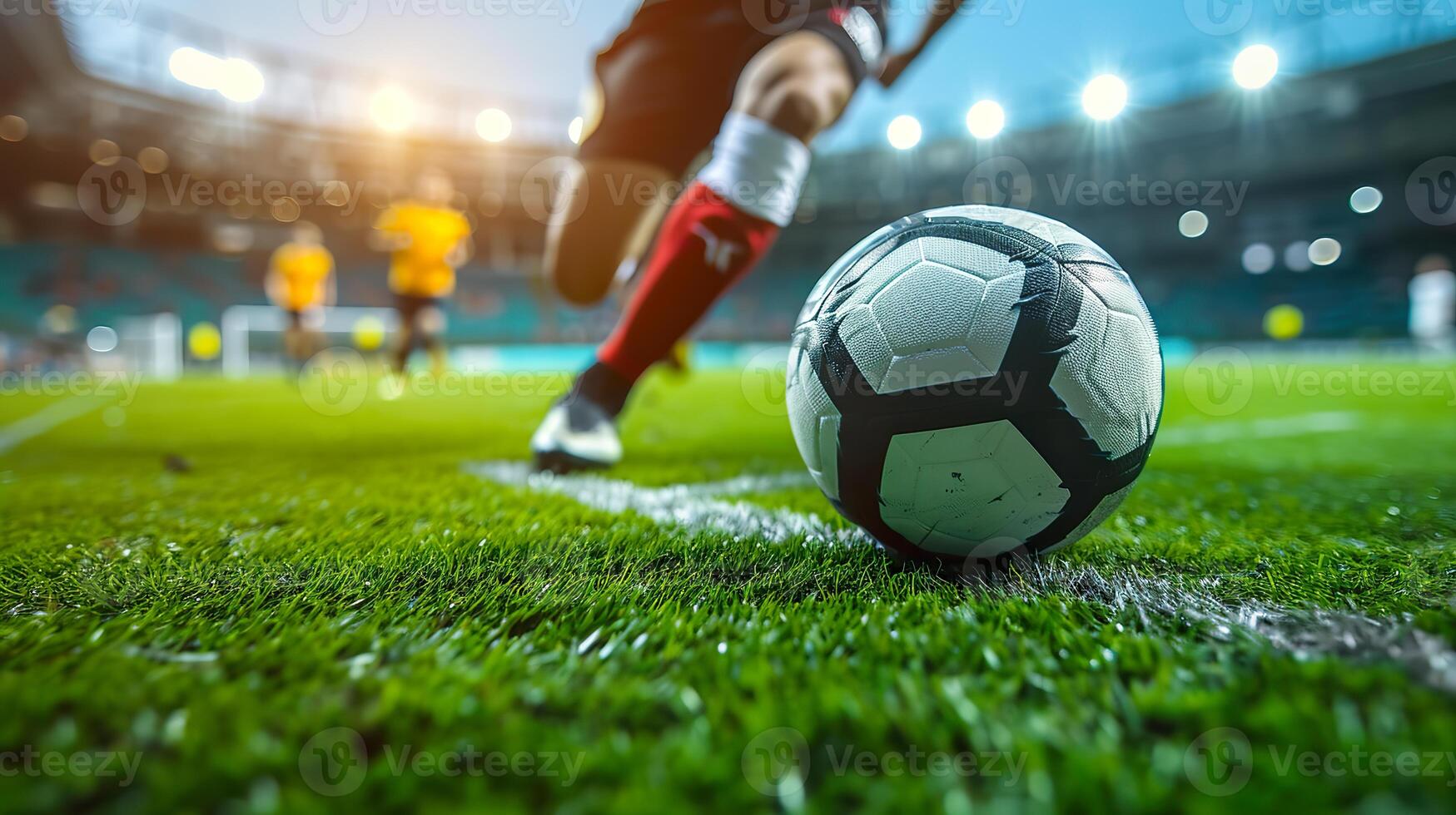 AI generated Soccer Match Intensity, Player Dribbling on Big Stadium Field photo