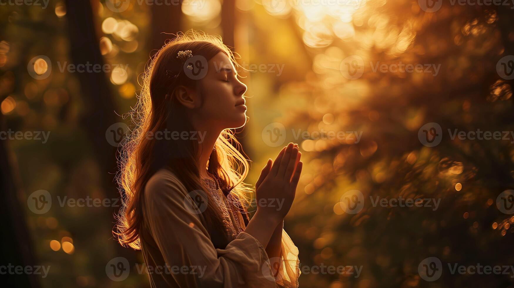 ai generado sereno al aire libre meditación, joven mujer Orando en medio de naturaleza foto