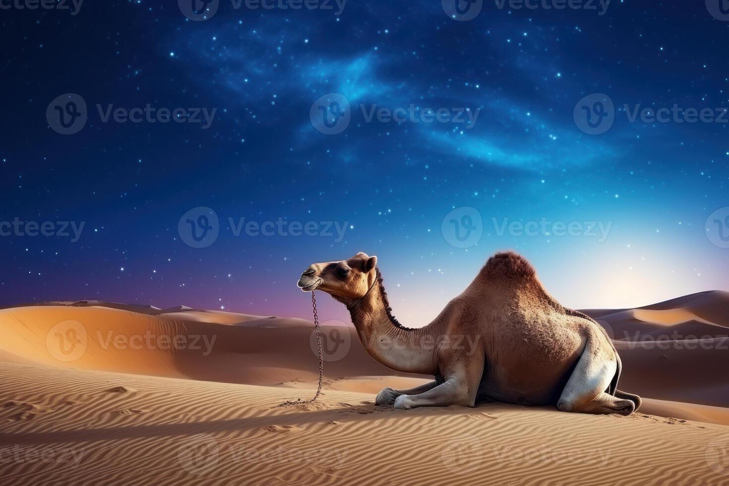 ai generado camello animal es sentado en el arena duna en un desierto. lechoso camino galaxia y estrellas en el cielo. unido árabe emiratos foto