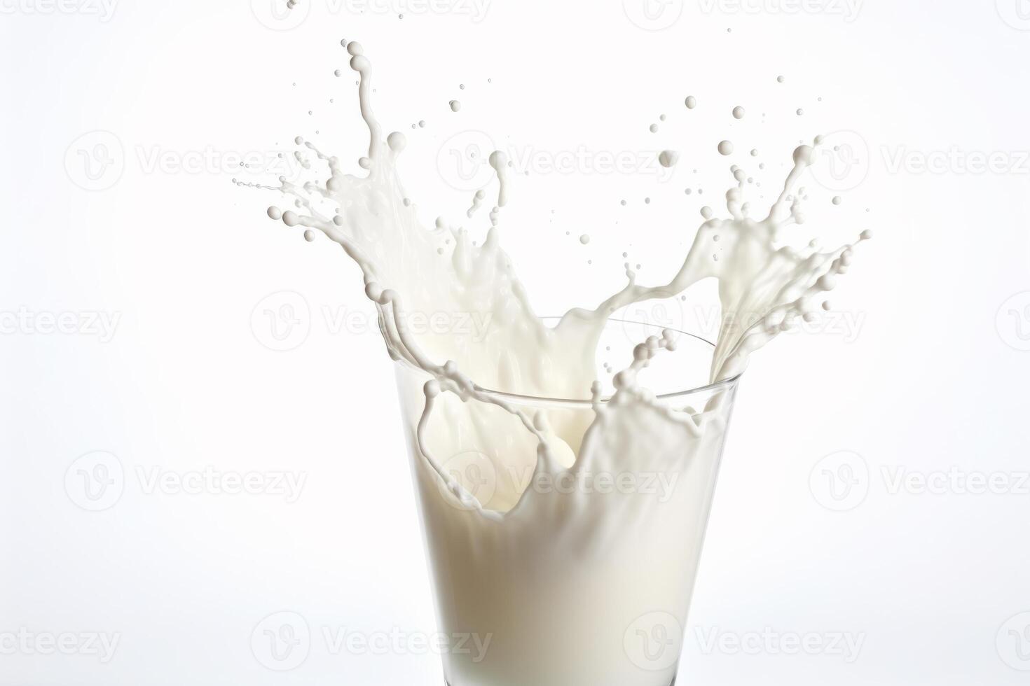 Milk splashing out of glass on white background photo