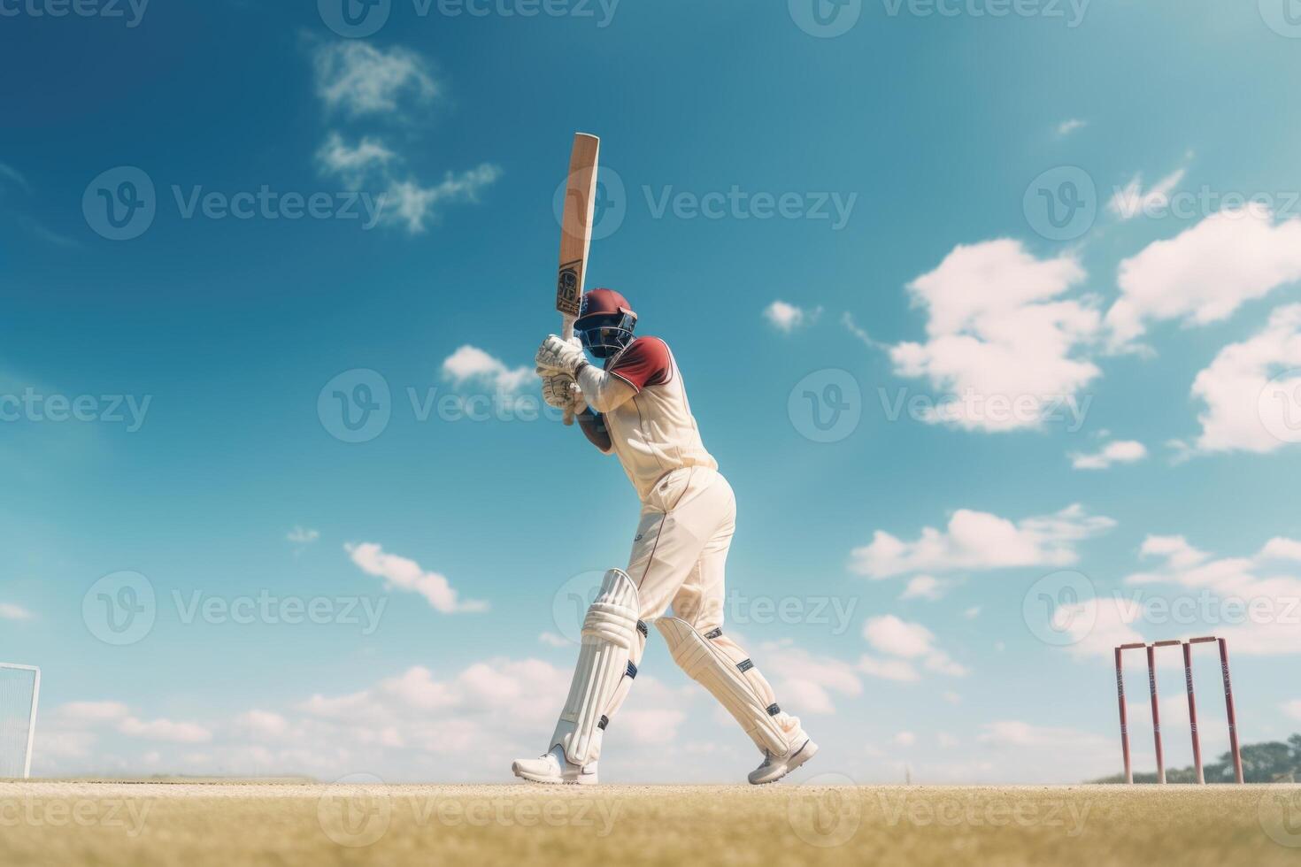 AI generated Batsman playing cricket under sunny sky. photo