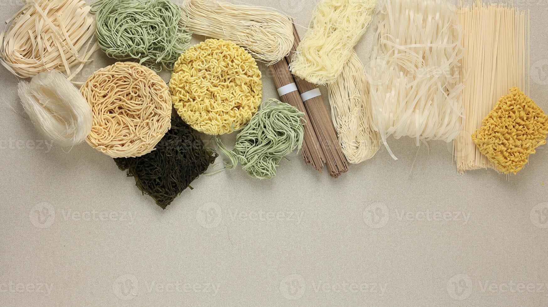 Various Type Raw Asian Noodle, Soba, Ramen, Ramyeon, Misua, Char Kway Teow, Vegetable Egg Noodle, Somen. photo