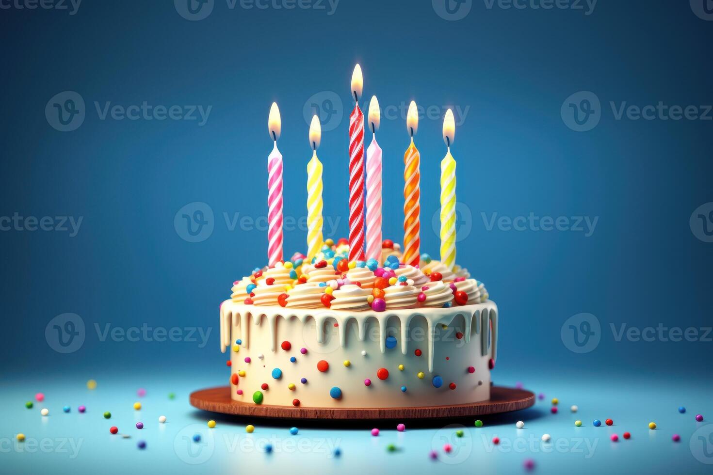 AI generated Striped buttercream cake with colorful candles on blue background. photo