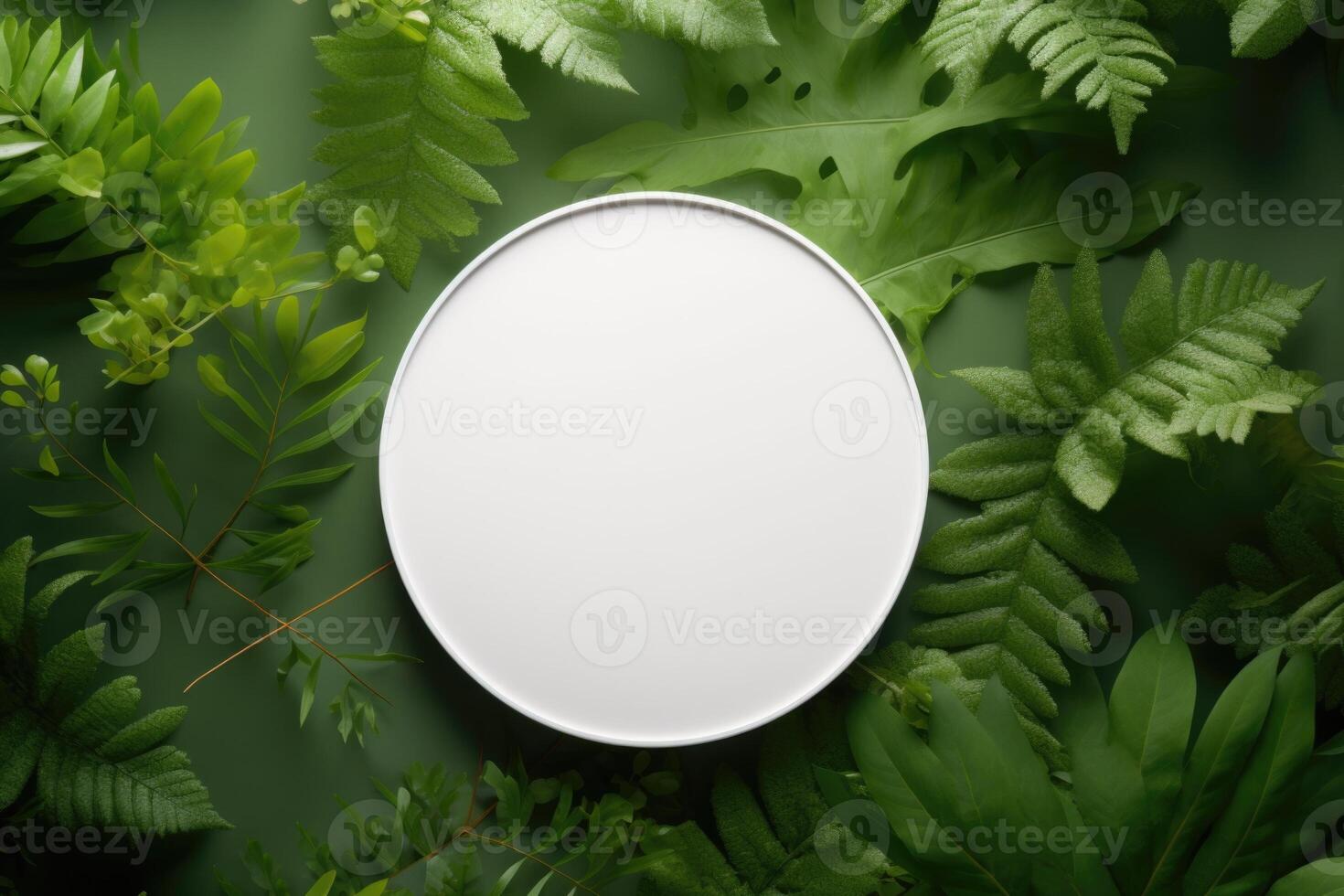 AI generated Organic cosmetic product mockup on green forest background. photo