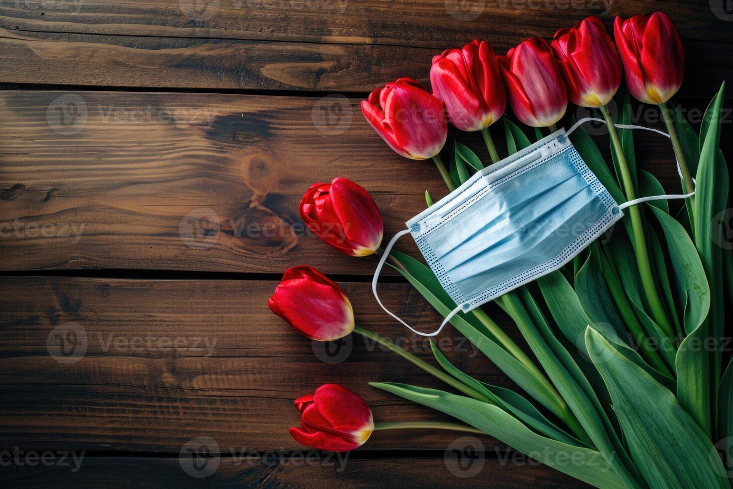 AI generated Happy Nurse Day with Red Tulips and KN95 Mask photo