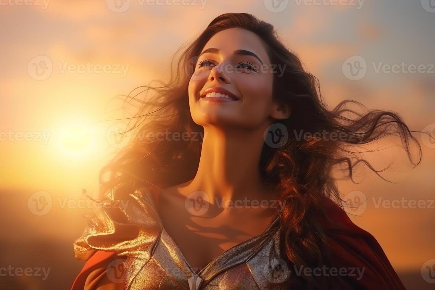 Young woman in superhero costume posing at sunset photo