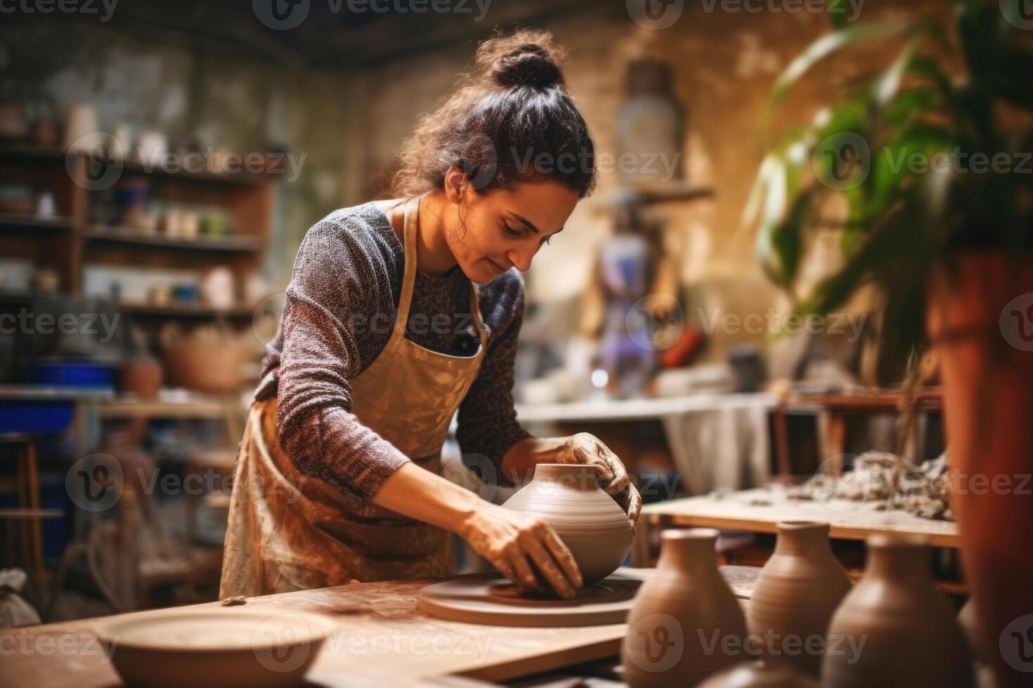 AI generated Female artisan sells handmade ceramic vases. photo
