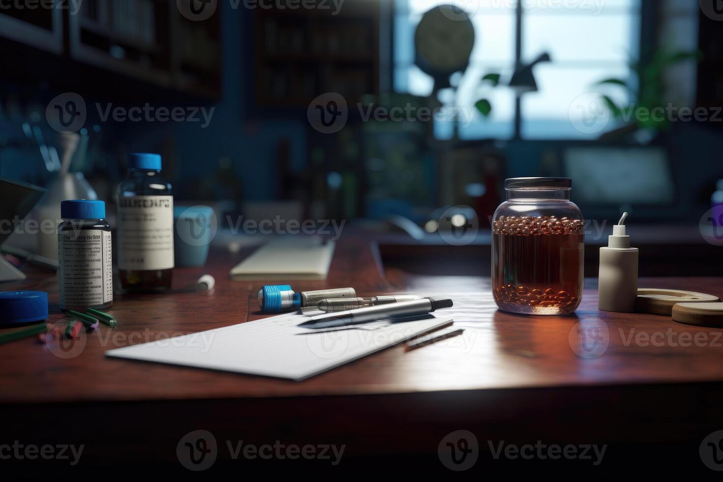 AI generated Doctor's office desk with pills and stethoscope. photo