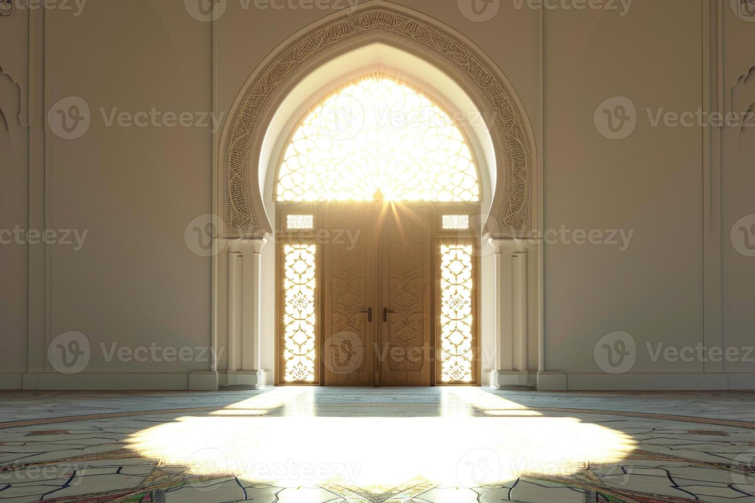 AI generated Mosque door with a bright light background photo