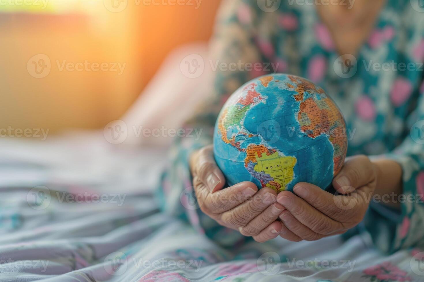 AI generated Elderly Asian woman holds globe in hospital bed  health concept photo