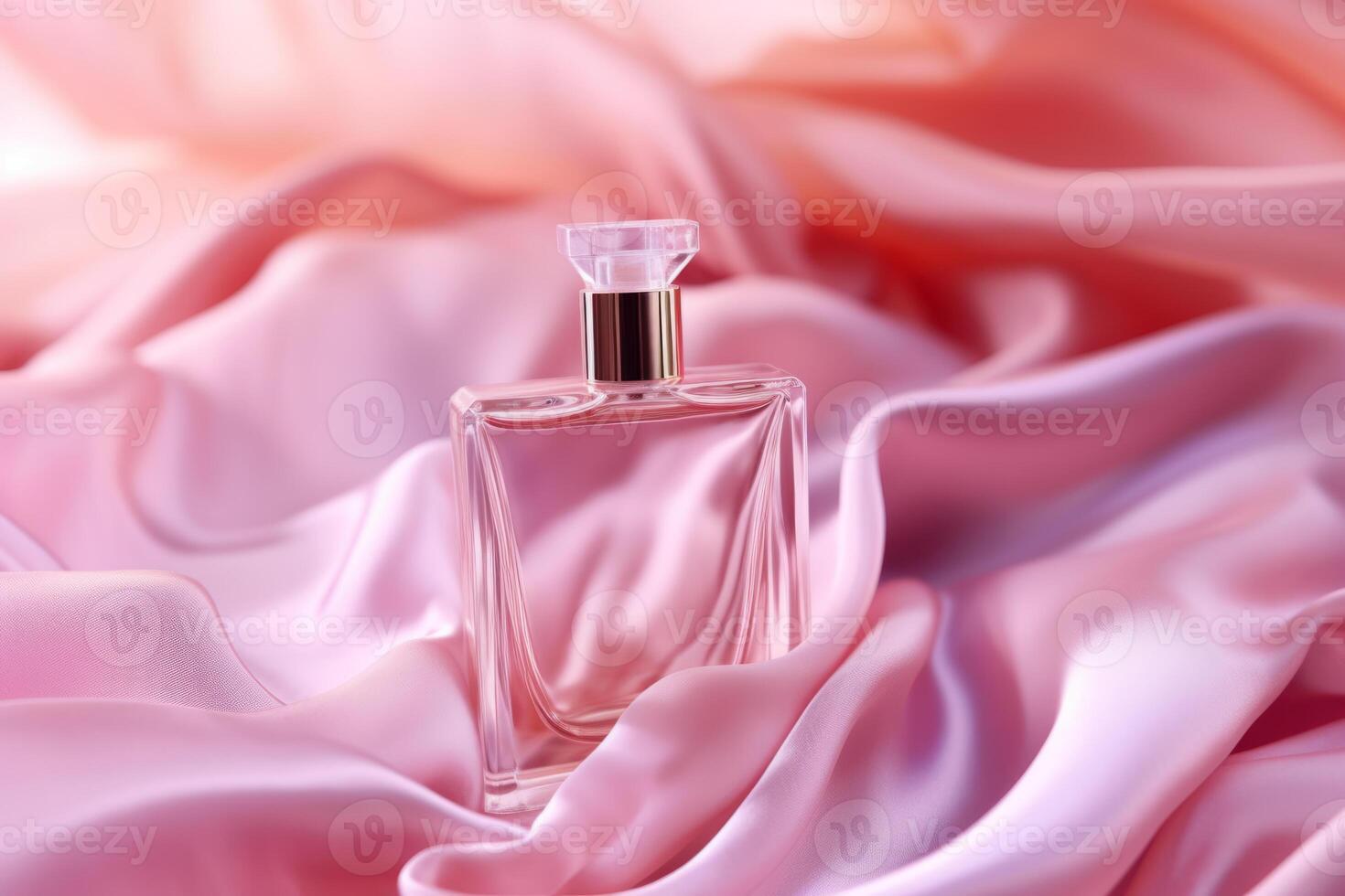 AI generated Perfume bottle with makeup cosmetics on pink silk background. photo