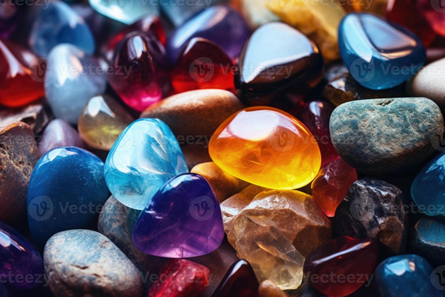 AI generated Chakra Crystals Banner  Colorful healing stones for energy balance. photo