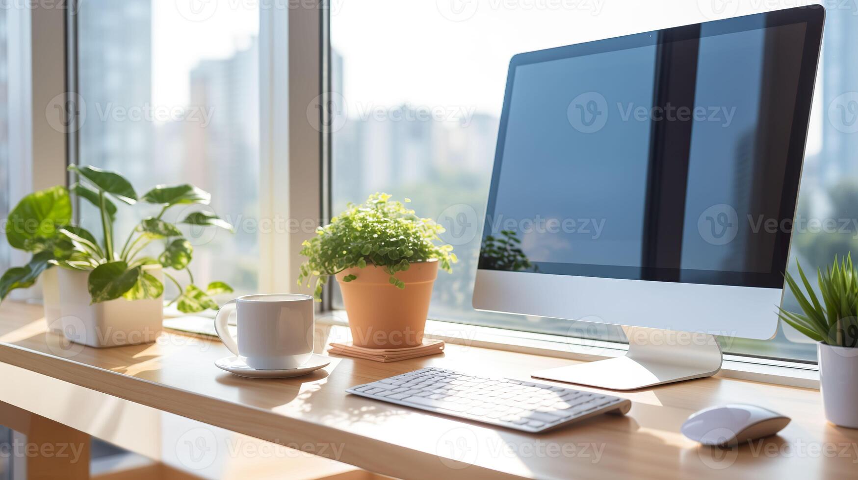 AI generated Modern Workspace, Desktop Computer on a Desk with a View photo