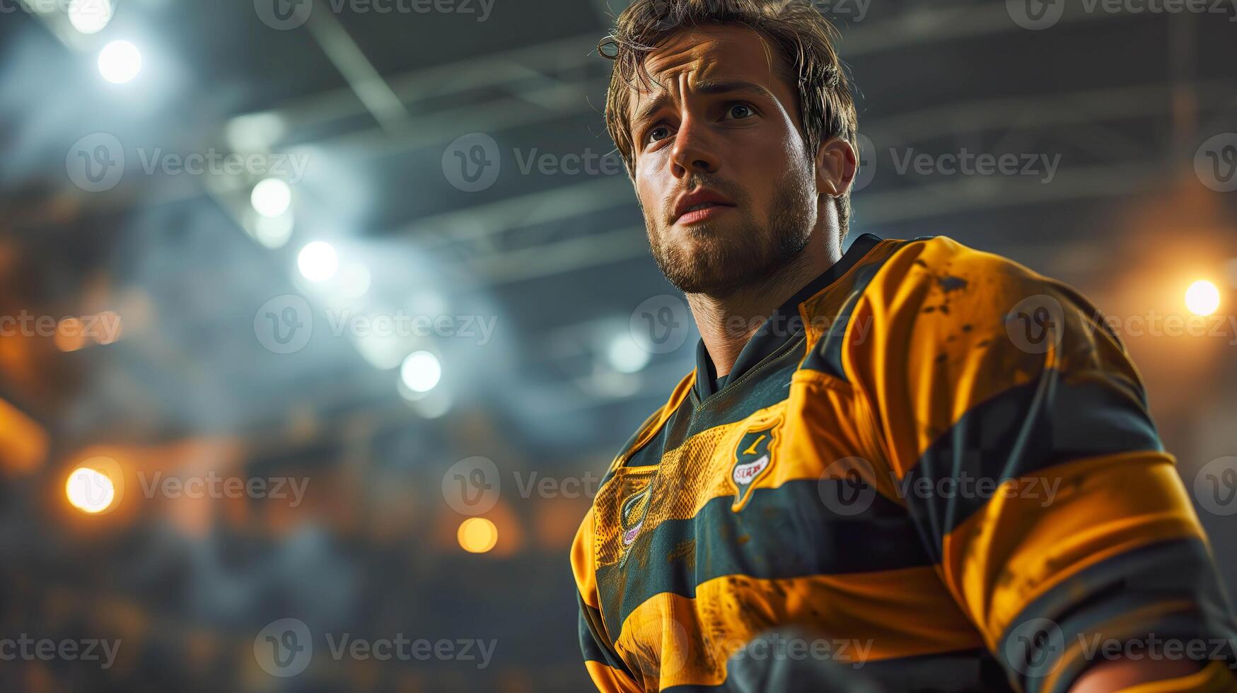 AI generated Rugby Player in Action, Full Body Portrait in Stadium photo