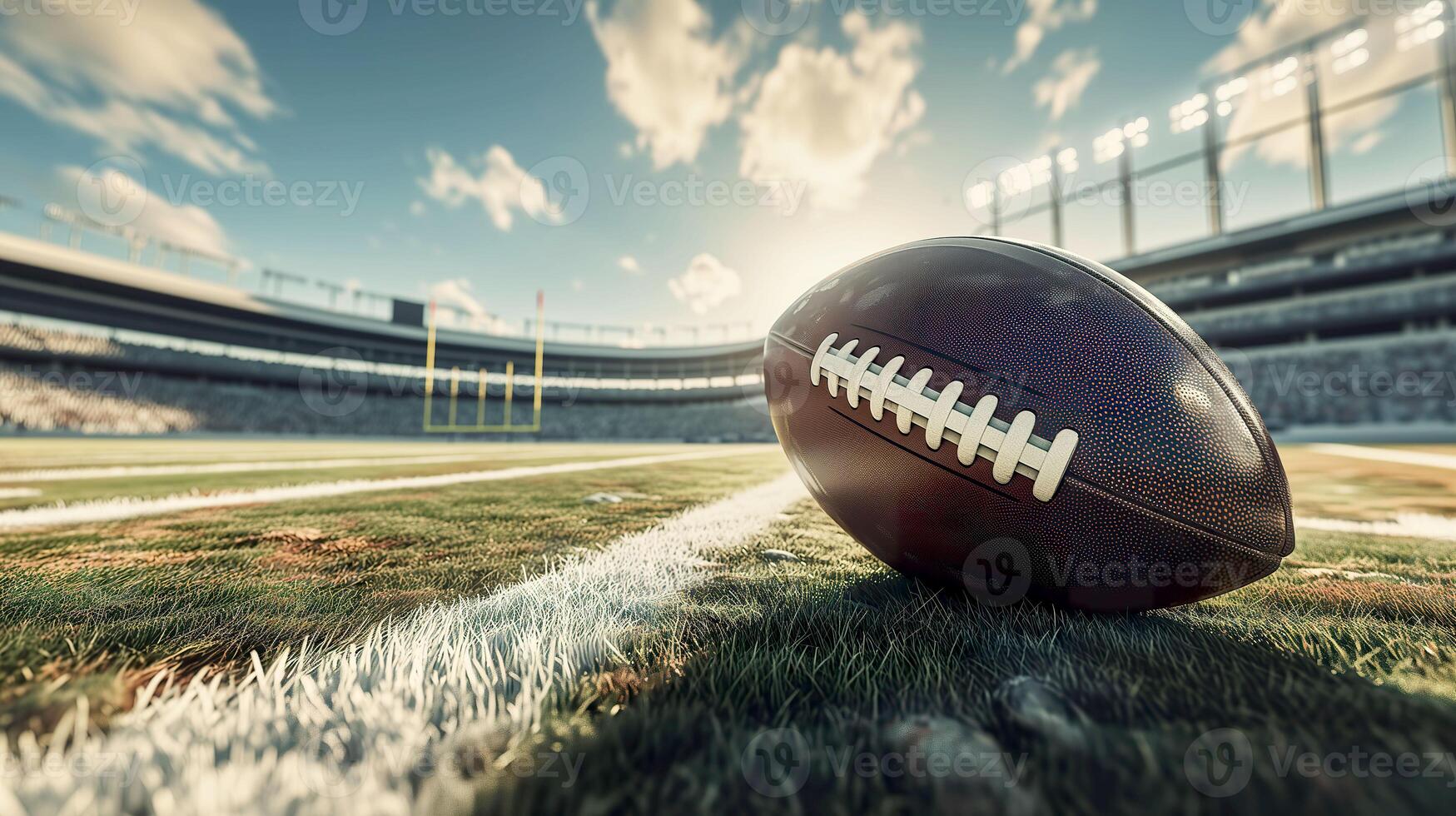 AI generated Wide Angle View, American Football Stadium with Ball on Ground photo