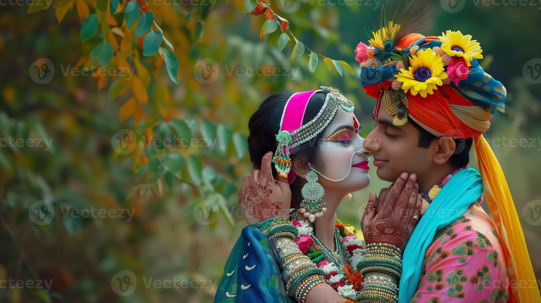 AI generated Divine Love Celebration, Young Couple as Radha and Krishna photo