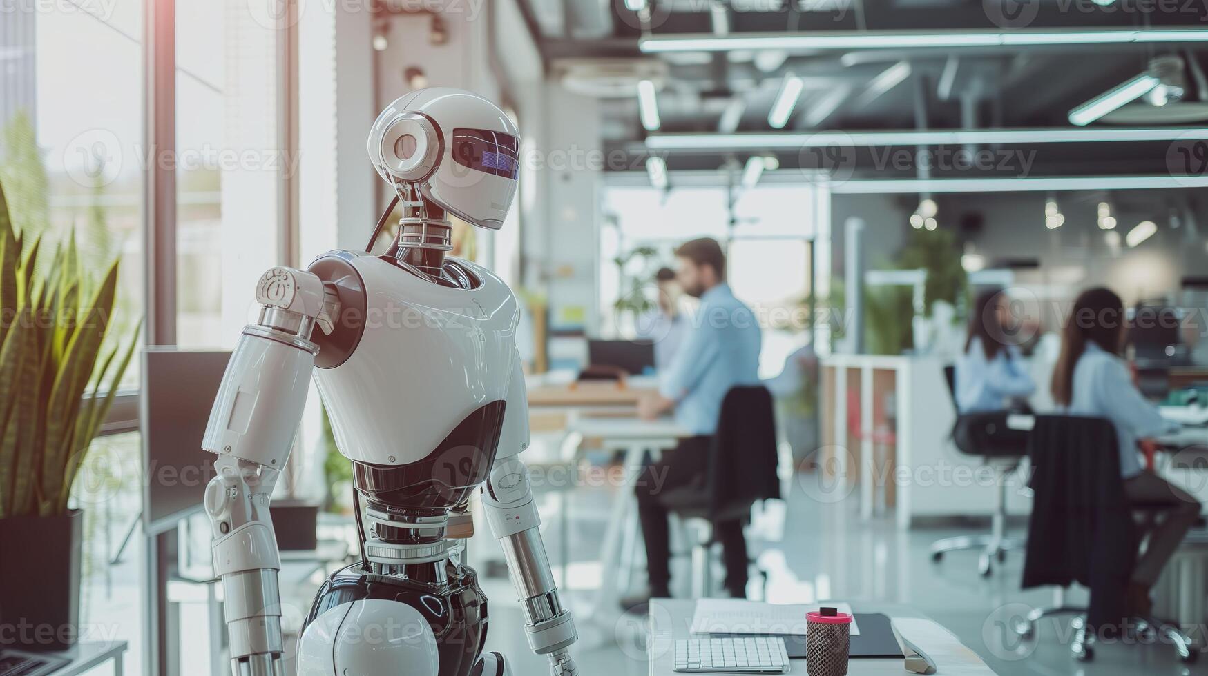 AI generated Futuristic Collaboration, Robot in a Modern Office with Real People photo