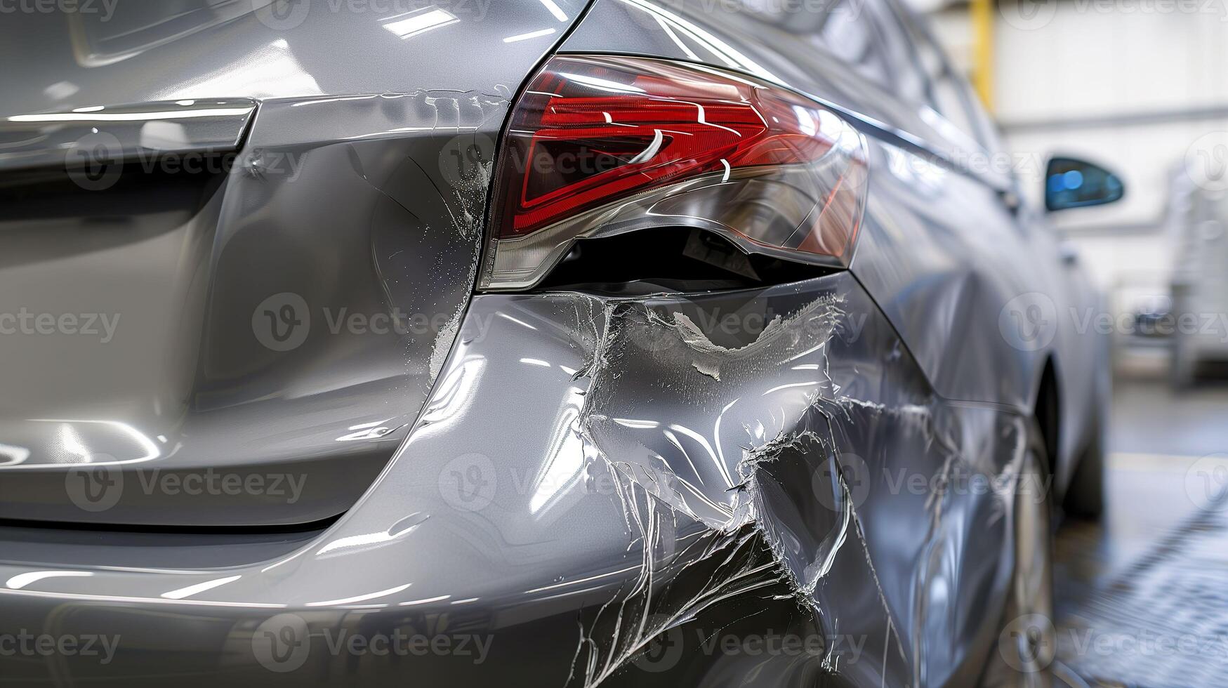 AI generated Car Repair, Close-Up of Grey Car's Rear Bumper Dent, Preparation for Painting photo