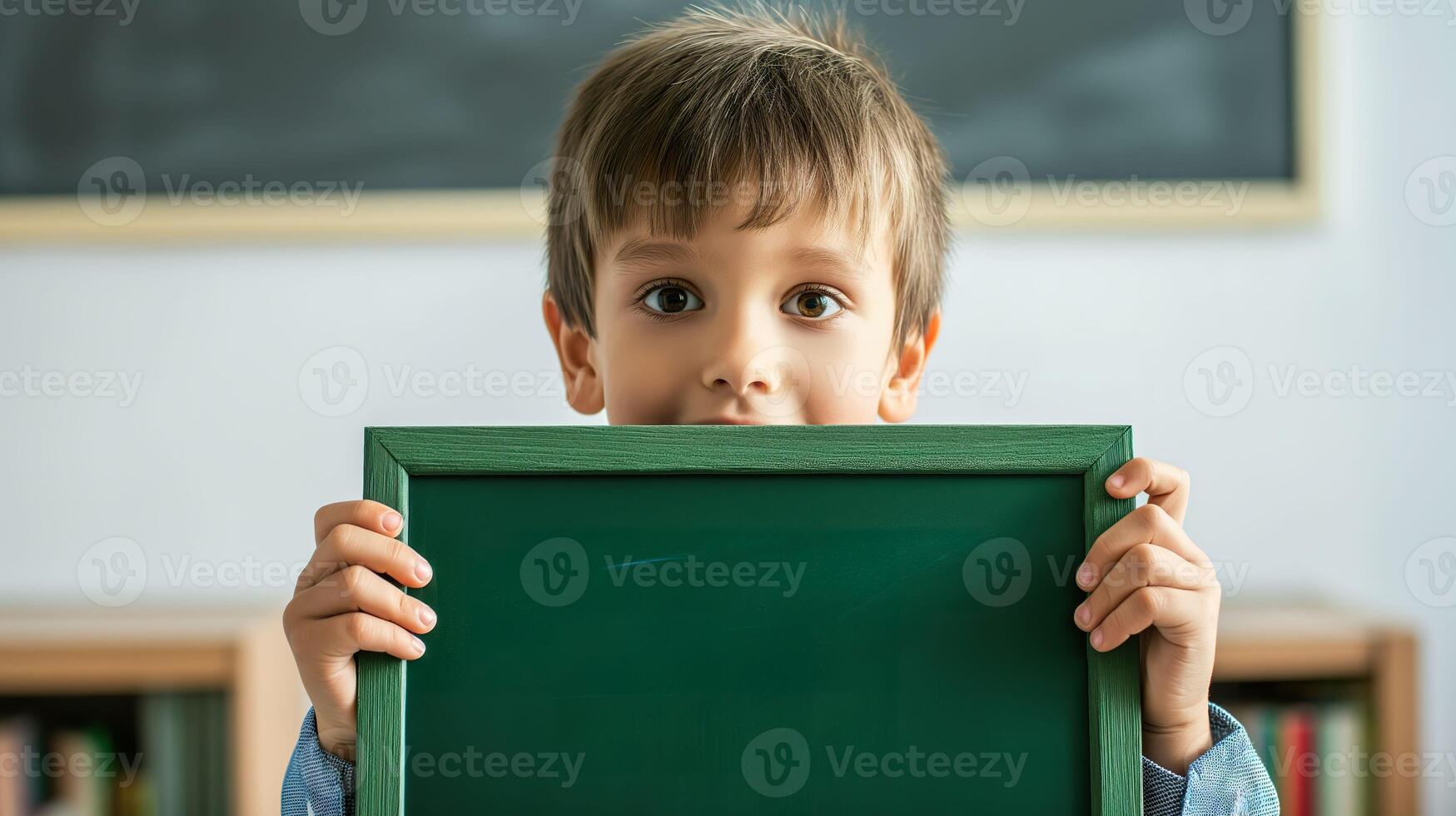 AI generated Young Boy Holding Blank Green Chalkboard photo