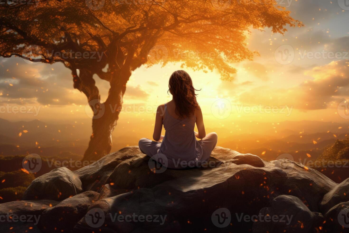 AI generated Woman meditating under tree embracing enlightenment and chakra opening. photo