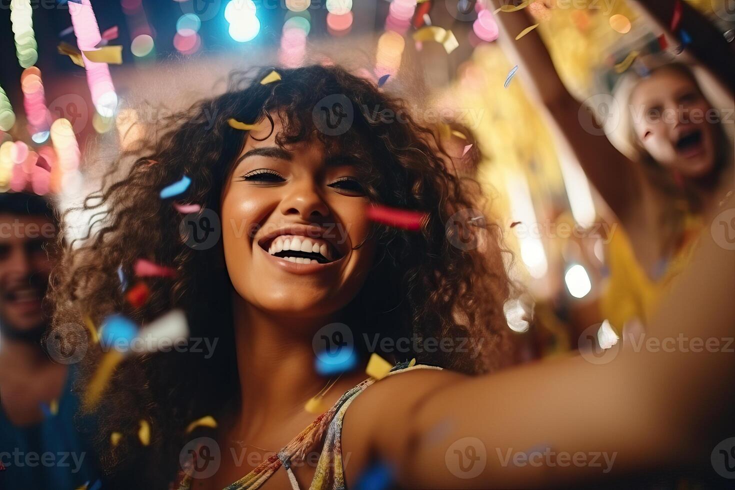 Friends celebrating Brazilian Carnival with confetti photo