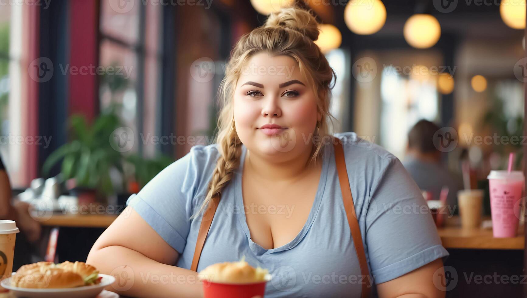 ai generado retrato de un muy grasa mujer en un café foto