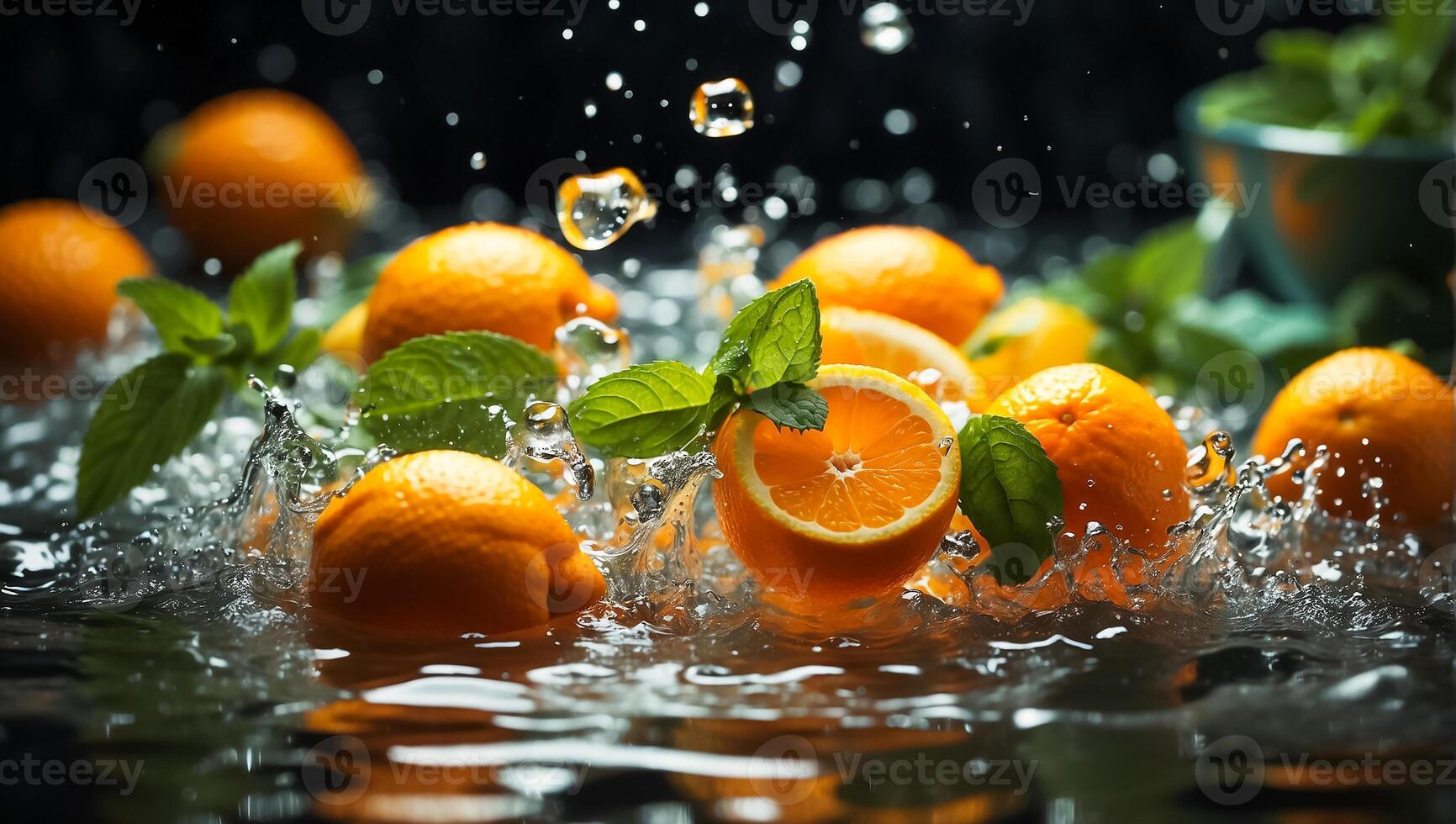 AI generated Fresh ripe oranges, water drops, splash photo