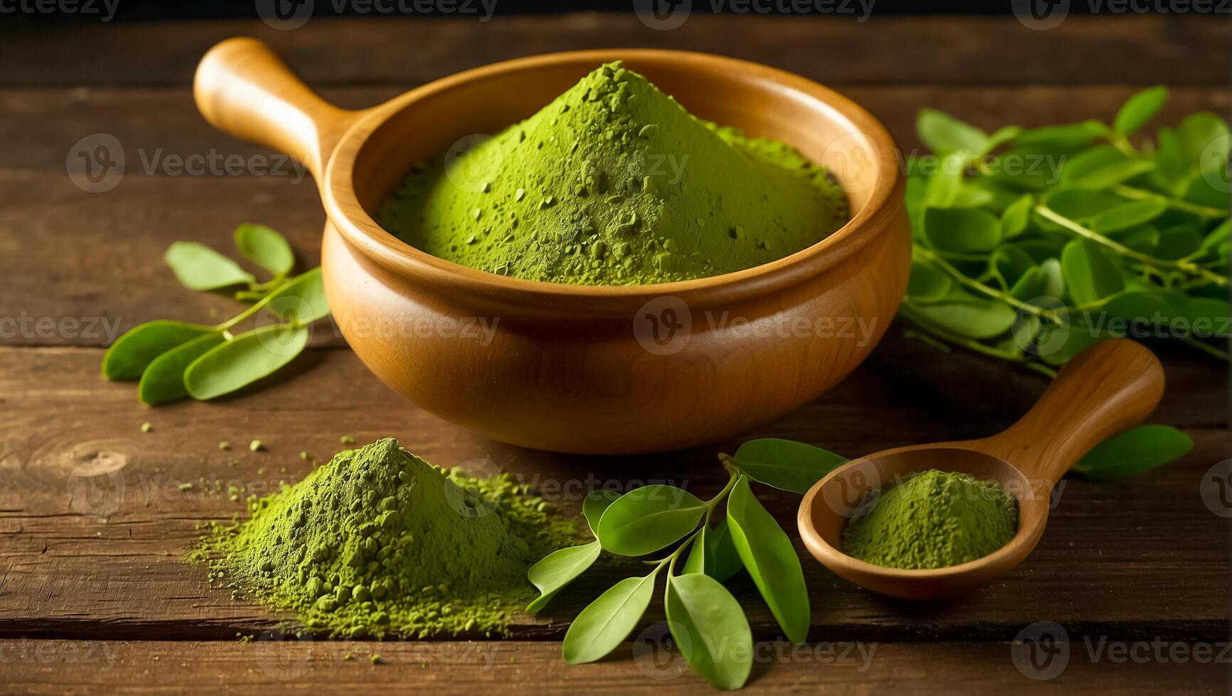 AI generated moringa powder in wooden bowl, fresh leaves photo