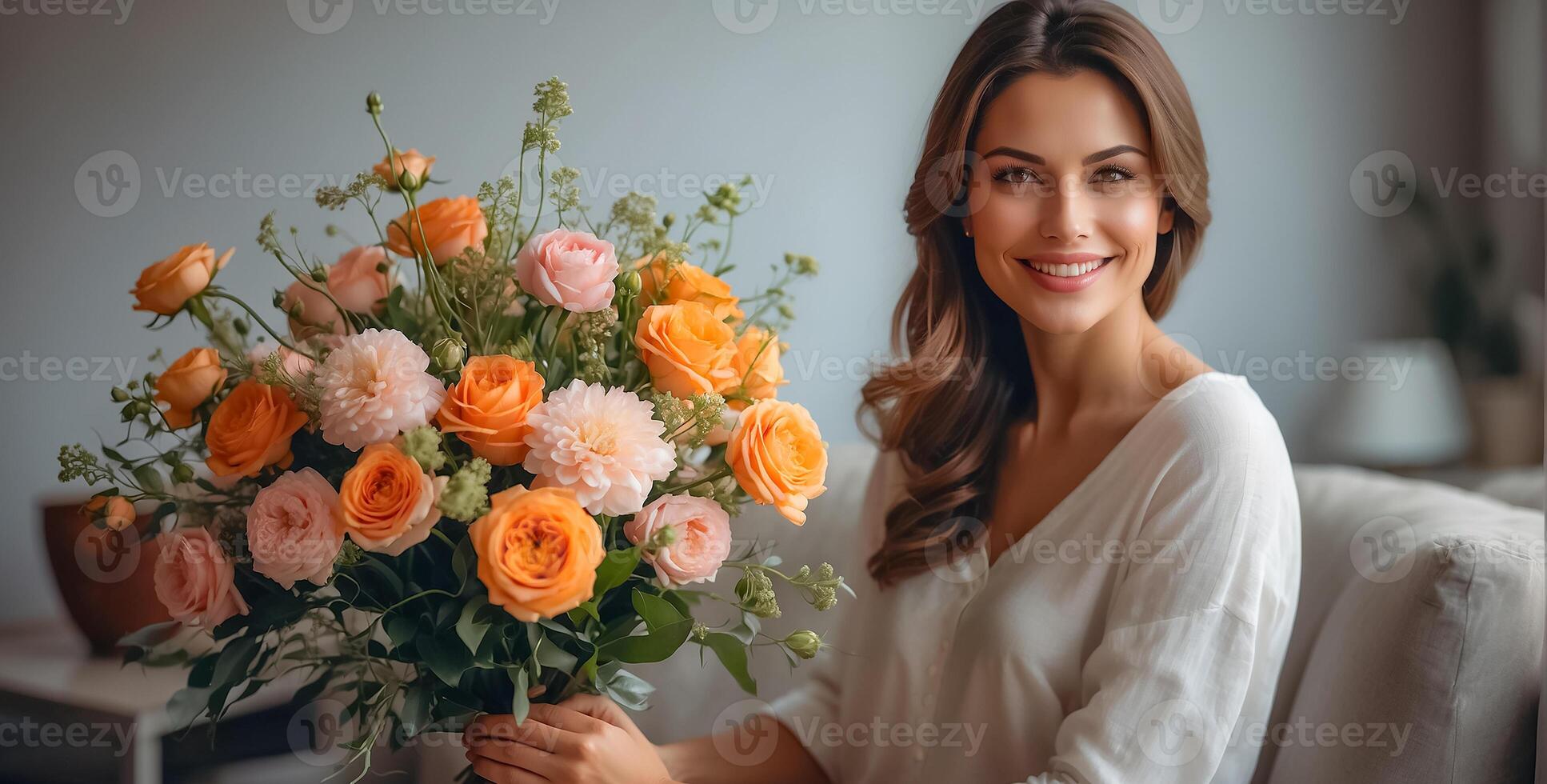AI generated Portrait of a beautiful woman with a bouquet of flowers in the living room photo