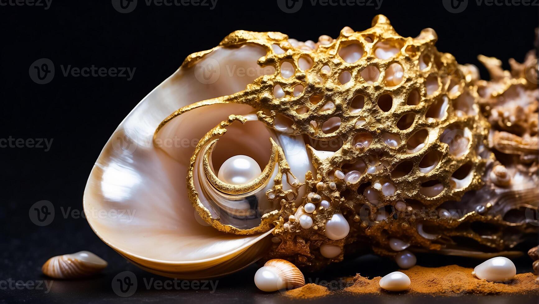 AI generated Beautiful shell with pearls on a dark background photo