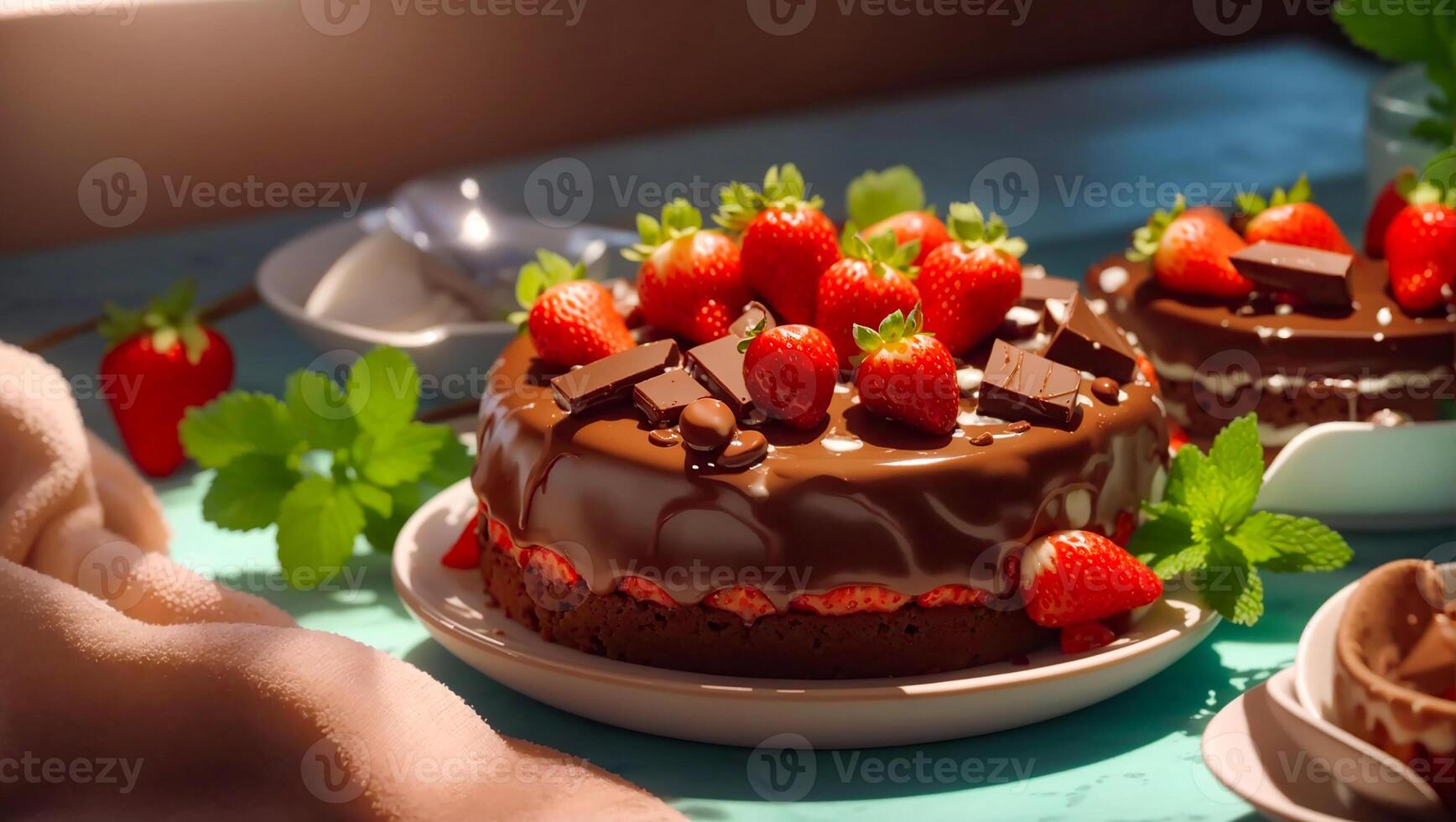 Delicious chocolate cake with strawberries photo