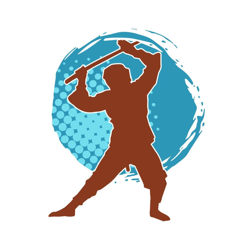 Silhouette of a male fighter in martial art costume carrying samurai sword weapon. vector