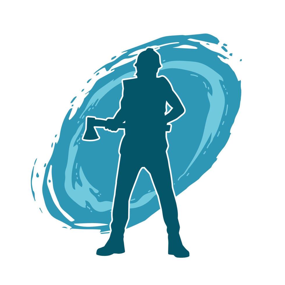 Silhouette of a worker in action pose using his axe tool. vector